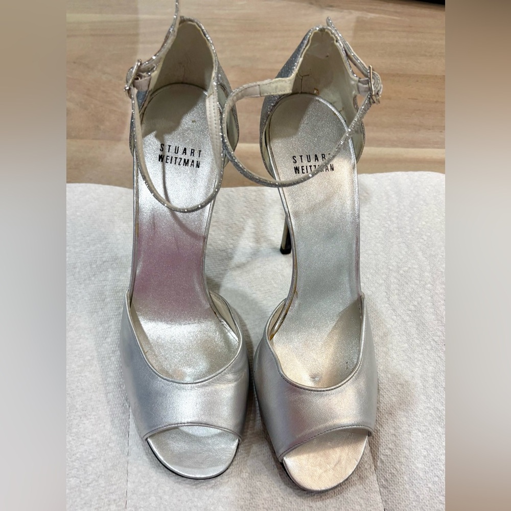 Stuart Weitzman Metallic Silver Peep-Toe Heels